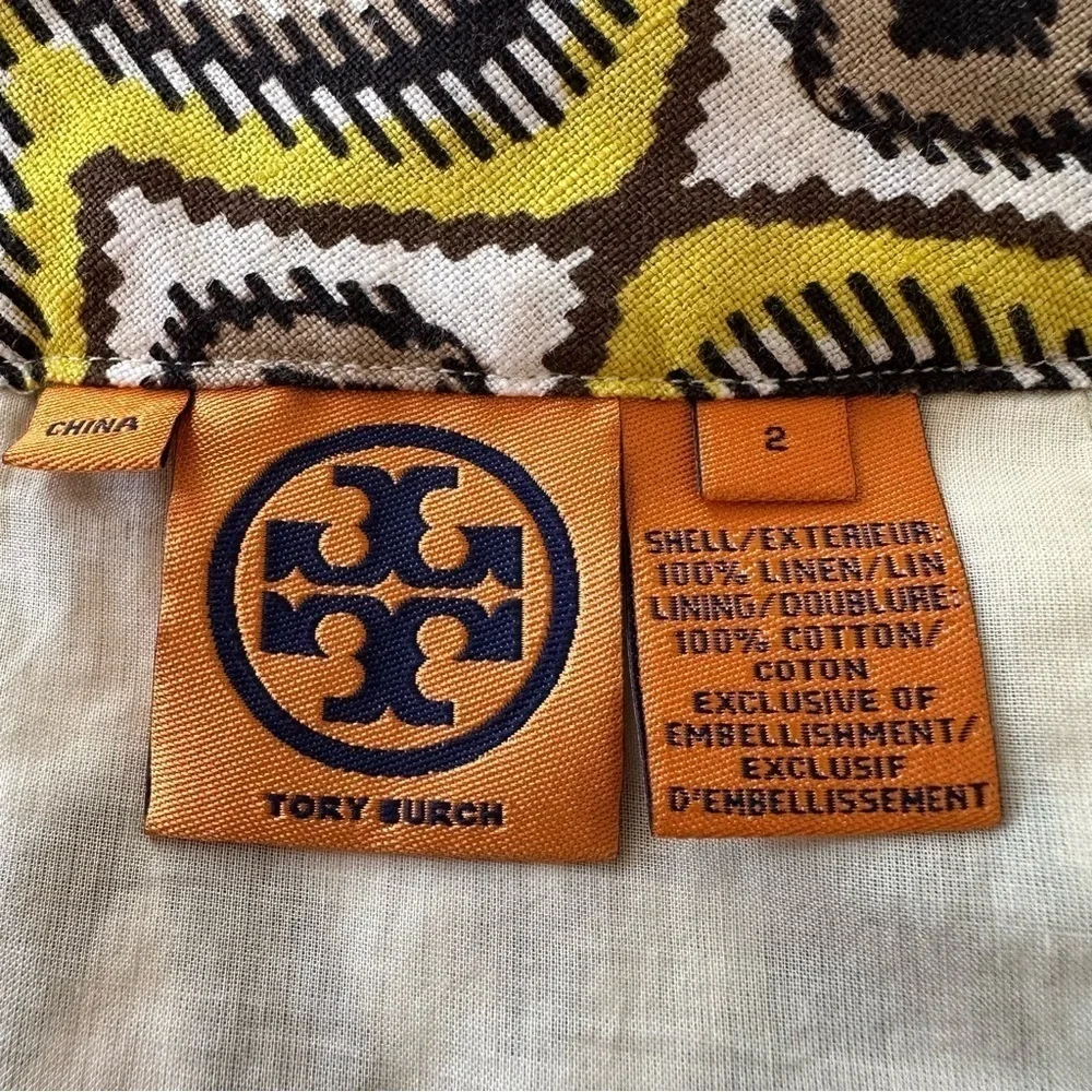 Tory Burch 100% Linen Yellow Mirrored with Pockets Midi Skirt Size 2